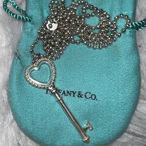 Tiffany & Co. Blue Enamel Open Heart Key Pendant w Tiffany beaded chain